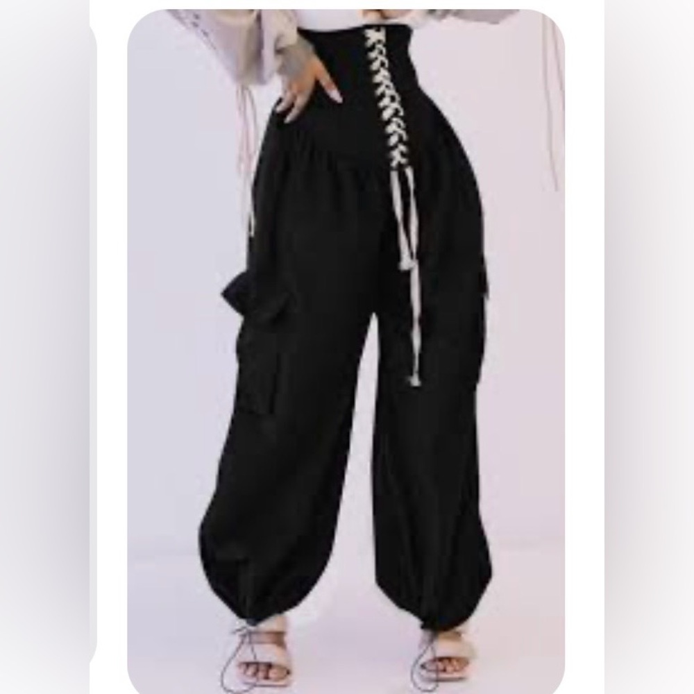 KTOOBlack Wide-Leg Cargo Pants with Lace-Up Corset Waist